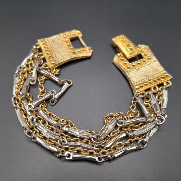 Vintage CELEBRITY Gold Silver Tone Chain Design, Designer Signed, 1960s, 7 1/8" - Picture 2 of 14